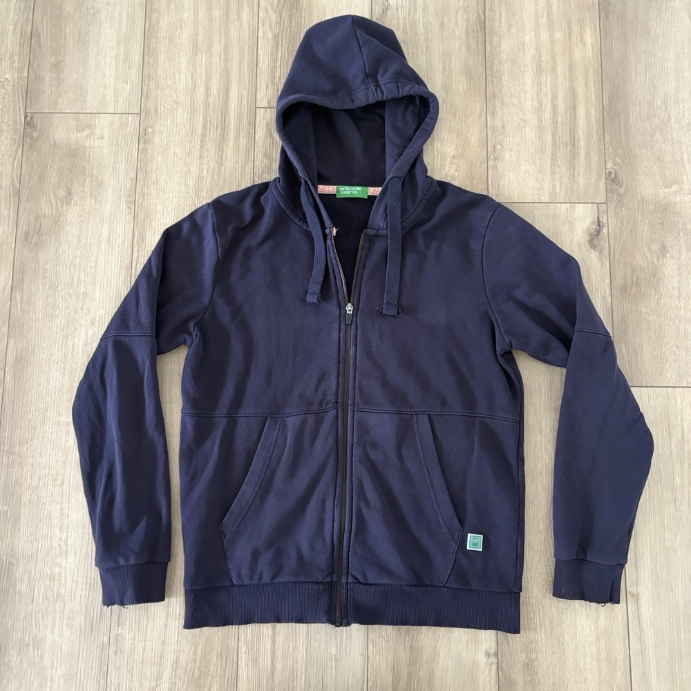 United Colors Of Benetton Hoodie Mens Medium Navy Blue Full Zip Fleece Logo